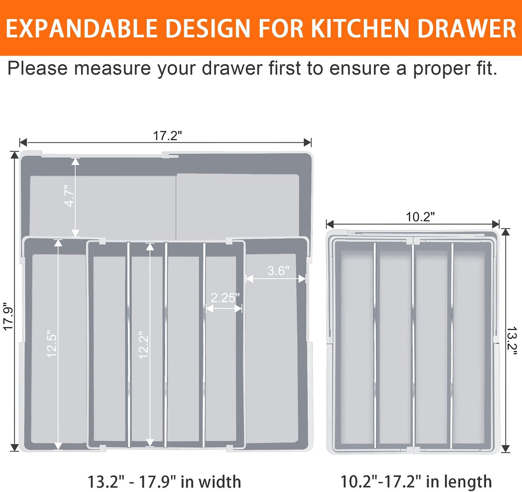 Silverware Organizer for drawer - Adjustable Kitchen Drawer Organizer Utensil Drawer Organizer, Expandable Silverware Tray for Drawer Utensil Organizer for Forks, Knives, Grey