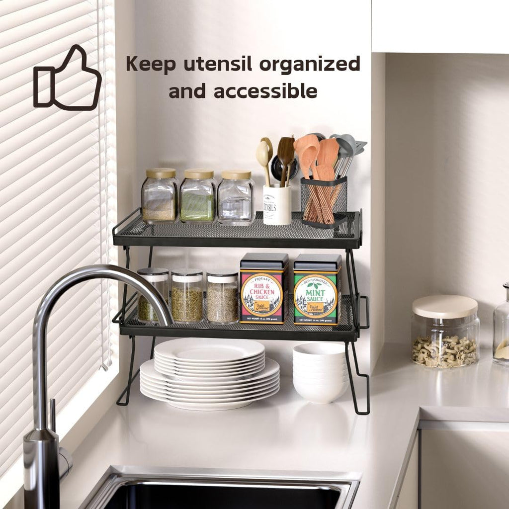 IBERG Rotating Utensil Holder & Coffee Pod Basket - 360° Spinning Base Mesh Metal Organizer for Kitchen Tools (Black Square)
