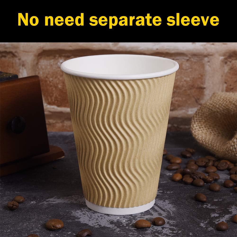 Disposable Paper Coffee Cups with Lids, 100 pack 12 oz Ripple Wall Insulated To Go Coffee Cups for Hot/Cold Beverage, Recyclable Takeaway Drinking Cups for Home Office Cafe Party