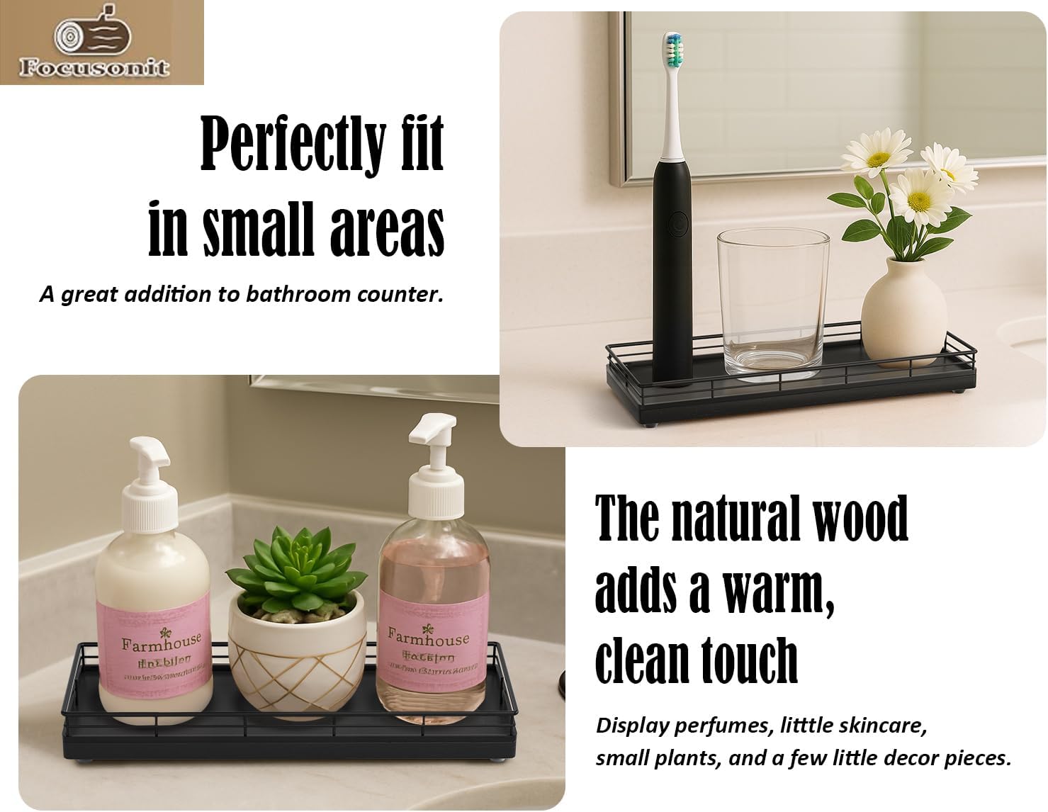 Bathroom Tray for Counter, Oak Wood 11" L Small Vanity Tray for Dresser Tops Perfume Jewelry Makeup Candle Soap Sponge Holder for Kitchen Countertop Organizer Coffee Table Decor Bar Black