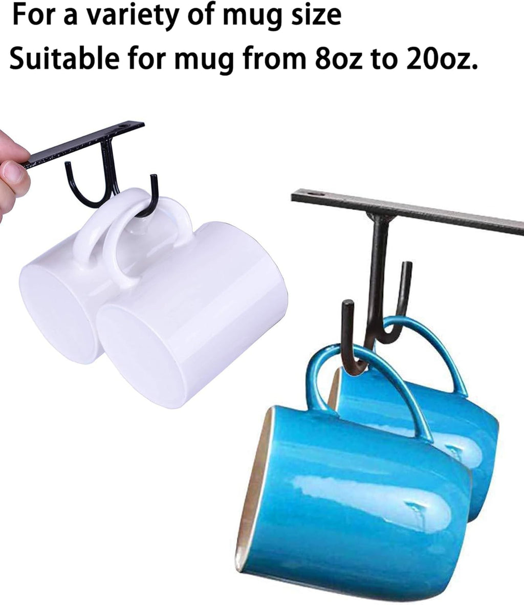 Mug Rack Under Cabinet 12 Mug Hooks Coffee Cup Holder Under Shelf Display Hanging Cups Organizer Hanger for Bar Kitchen Utensils - Black