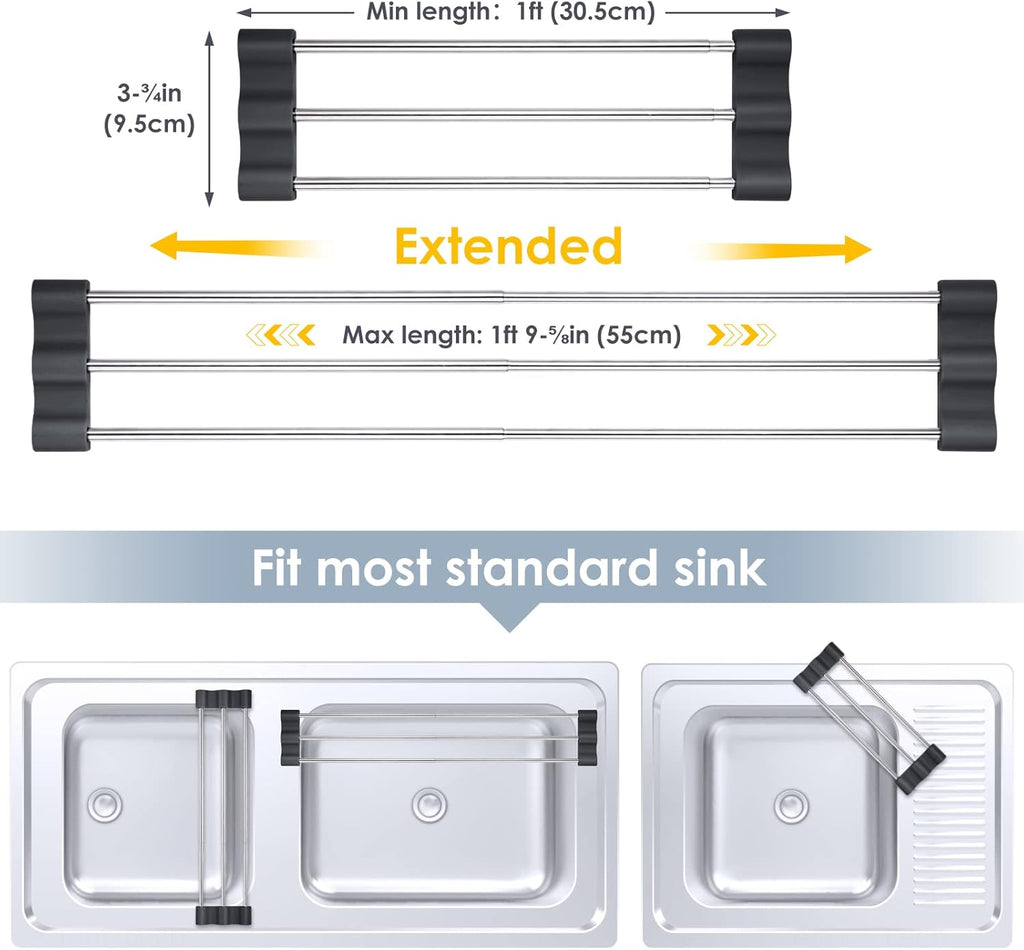 Tomorotec Adjustable Over-The-Sink Kitchen Rack for Dishcloths, Sponges, Bottles and Brushes - Heat-Resistant Stainless Steel with Slim, Expandable Design and Multifunctional Silicone Holder