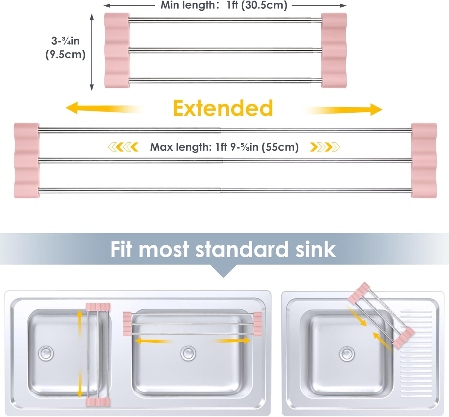 Tomorotec Adjustable Over-The-Sink Kitchen Rack for Dishcloths, Sponges, Bottles and Brushes - Heat-Resistant Stainless Steel with Slim, Expandable Design and Multifunctional Silicone Holder