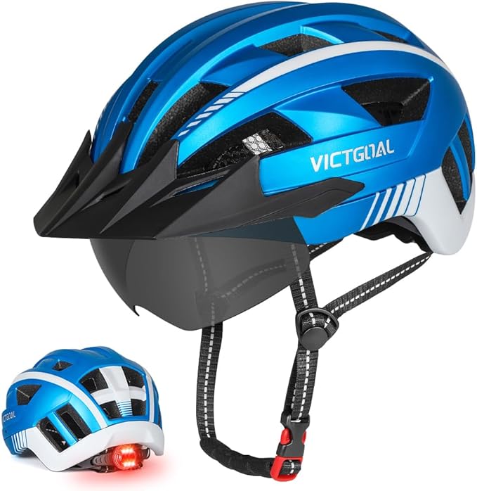 VICTGOAL Bike Helmet for Men Women with Led Light Detachable Magnetic Goggles Removable Sun Visor Mountain & Road Bicycle Helmets Adjustable Size Adult Cycling Helmets