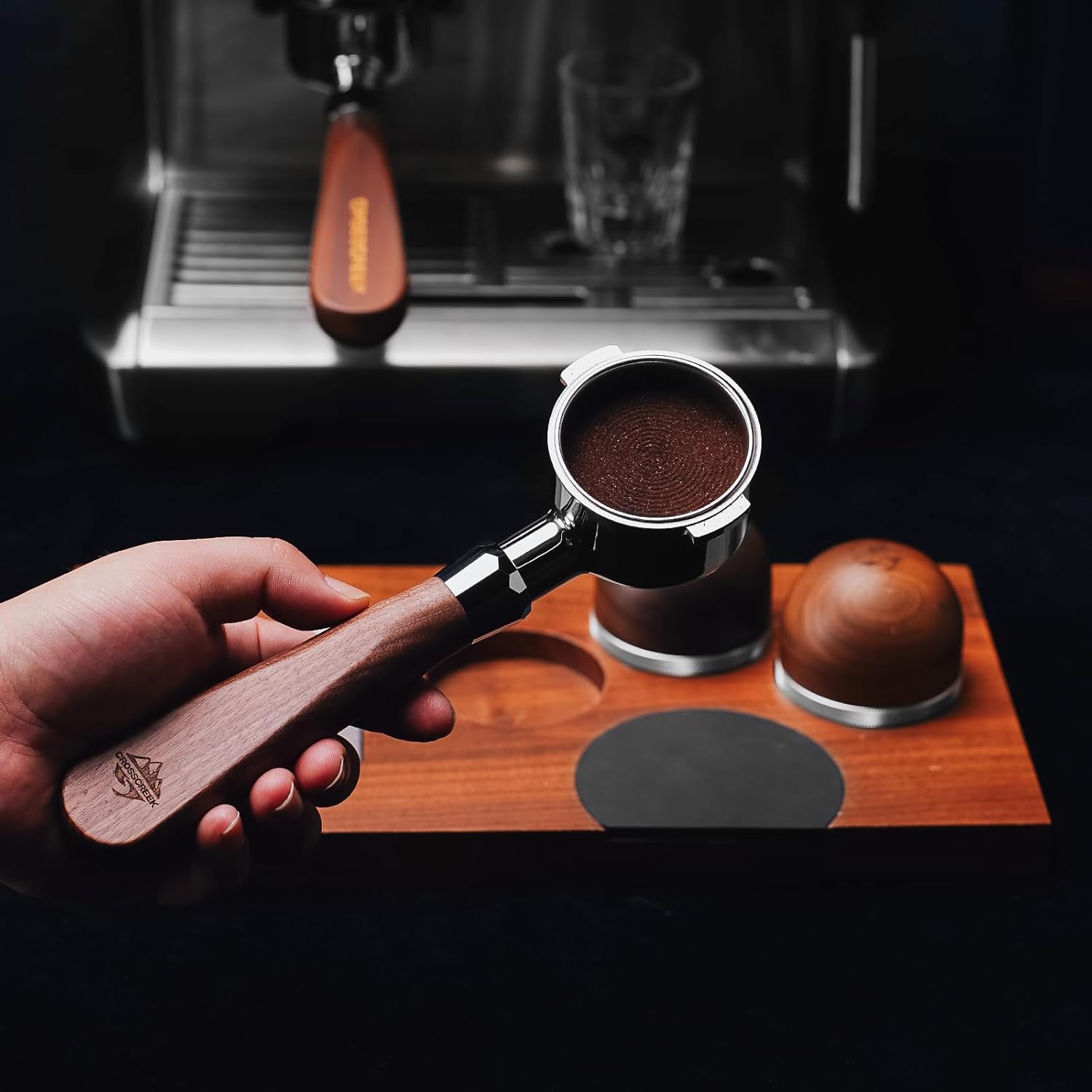 CrossCreek 51mm Espresso Bottomless Portafilter with 2 Ear | Fits De’Longhi ECP3420 / EC155 / BCO430 / EC260 Espresso Machine | Stainless Steel Basket and Walnut Handle | Espresso Accessories