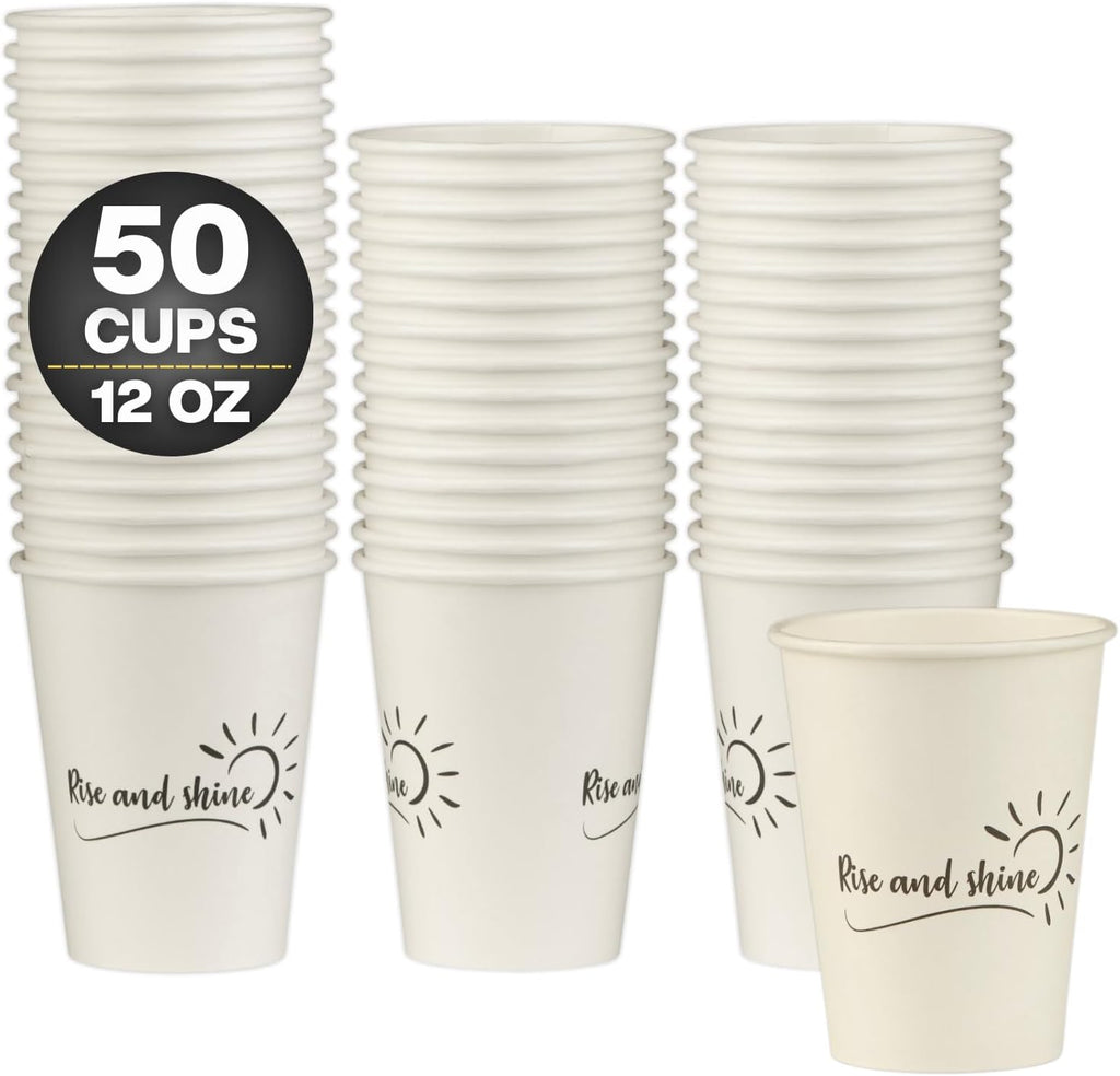 Smygoods Disposable Coffee Cups, To Go Paper Hot Cups, Rise and Shine Design (12 OZ, 50 Count) For Hot Beverages, Coffee, Tea, Espresso, Cocoa - Vasos Para Cafe