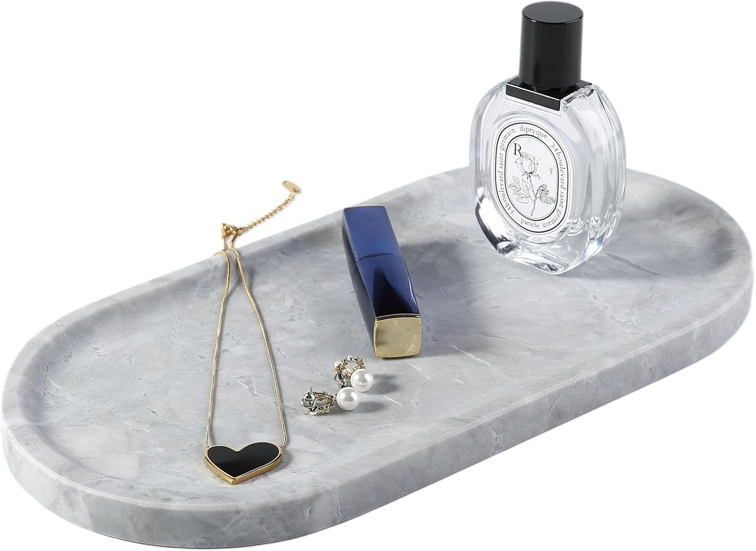 Koville Grey Marble Tray for Bathroom Countertop, 12"x6" Vanity Decorative Marble Tray for Dresser, Stone Catchall Trays for Perfume, Candles, Jewelry, Stone Gray Storage Trays for Home Decor