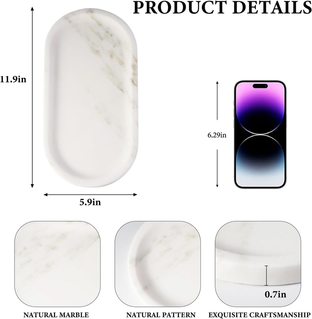 Koville Natural Marble Tray for Bathroom Countertop, Marble Storage Trays for Perfume, Cosmetics, Jewelry, Vanity Tray Stone Trays for Kitchen, Decorative Tray for Dresser Organizer(Calacatta White)