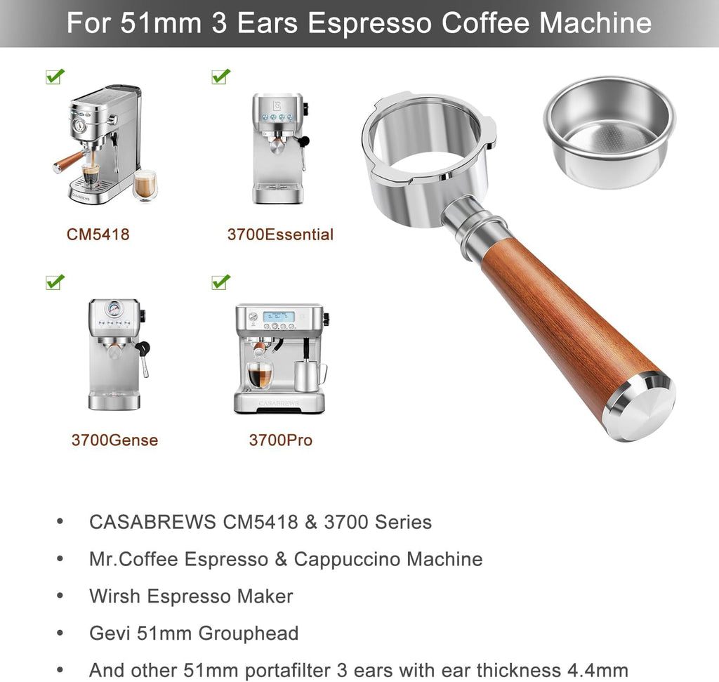 51mm Bottomless Portafilter 3 Ears Fits for CASABREWS CM5418, 3700Essential, 3700Gense, 3700Pro, Gevi 51mm 3 Ears Grouphead, Mr. Coffee Espresso and Cappuccino Machine, Stainless Steel Filter Basket