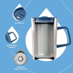 Ideus Vacuum Insulated Coffee Mug, 16oz Reusable Stainless Steel Thermal Double Walled cup with Handle and Slider Lid for Hot & Cold Beverages, BPA Free (Leapord Blue)