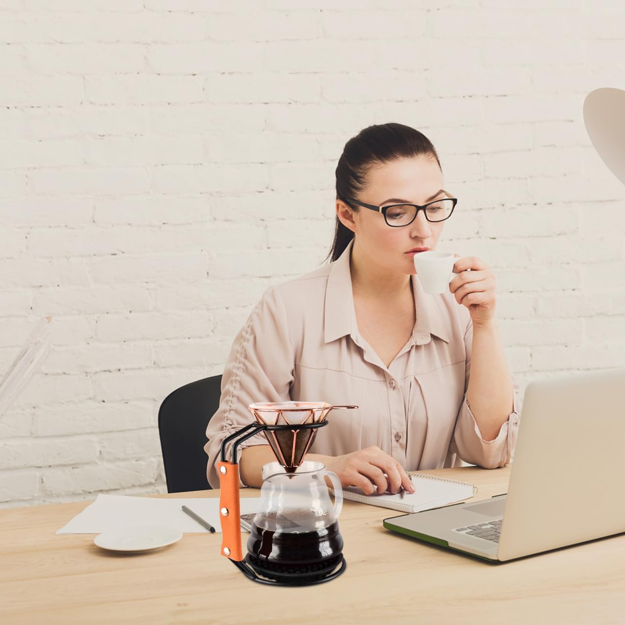 Mikikit Filter Cup Holder - Coffee Dripper Stand with Leather Handle Compatible with Various Sizes of Coffee Filters 7.48X4.72X3.54 Inches Perfect for Home Brewing