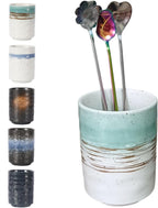 Stoneware Coffee Bar Utensil Holder Tea & Coffee Spoon & Stirrer Holder for Stir Stick Straw Teaspoon Holder Spoon Cup Small Utensil Jar (Green fields)