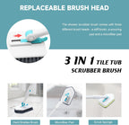 nacena Shower Scrubber with Long Handle, 3 in 1 Tile Tub Scrubber Brush with 3 Detachable Cleaning Heads Adjustable Handle Shower Cleaner Brush for Bathroom, Kitchen, Toilet, Wall, Sink, Blue White