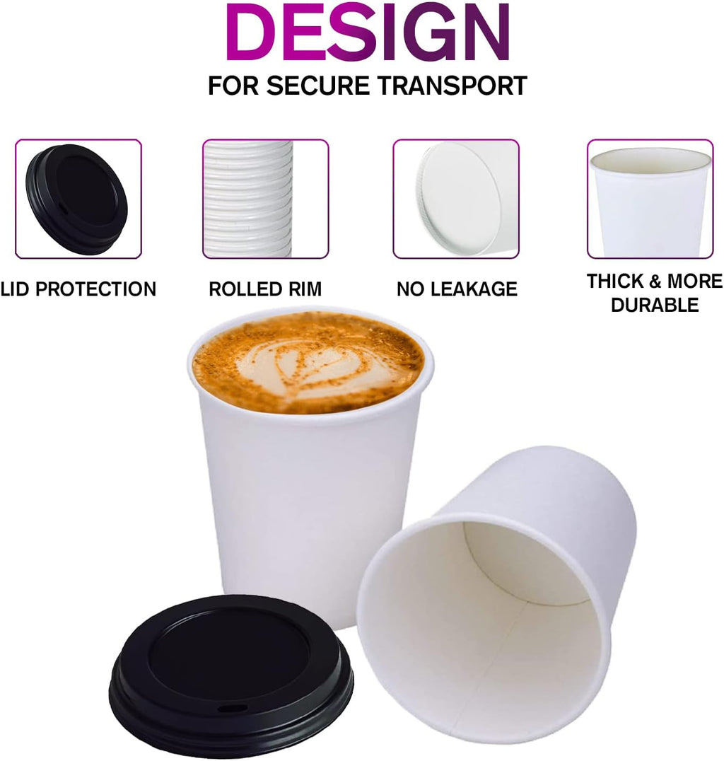 Smygoods White Original Disposable Paper Coffee Cups with Lids (12 OZ, 50 Count) For Hot Beverages, Tea, Espresso, Cocoa - To Go Drink Containers, Café & Office