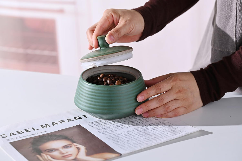 Retro Kitchen Canisters Ceramic Food Storage Jar Roud Shape with Silicone Airtight Lid for Tea, Coffee, Nuts, Herb, Spice, Sugar (Low Green)