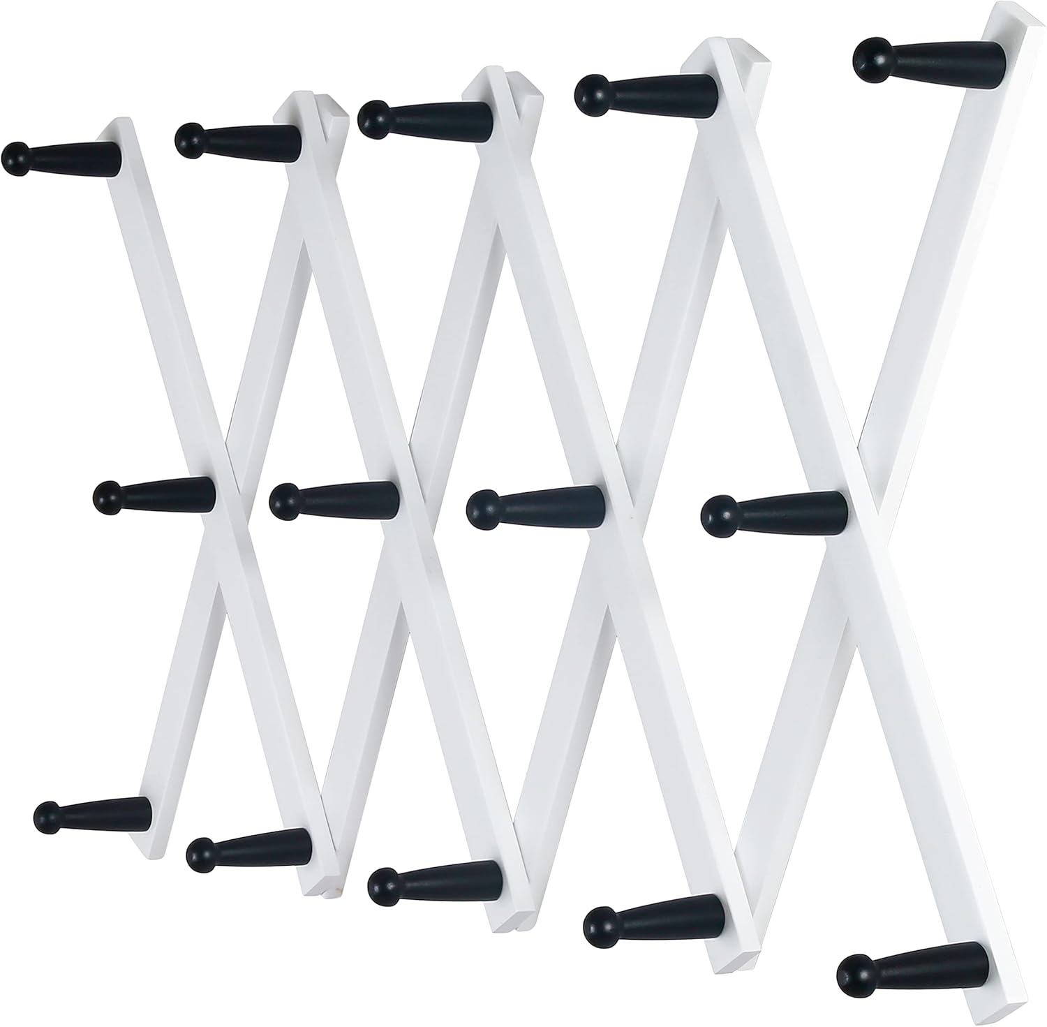 Dseap Accordian Wall Hanger: 16” High Wooden Wall Expandable Coat Rack, Hat Rack Holder, Accordion Hook for Baseball Caps, Coats, Mugs, 14 Peg Hooks, White & Black
