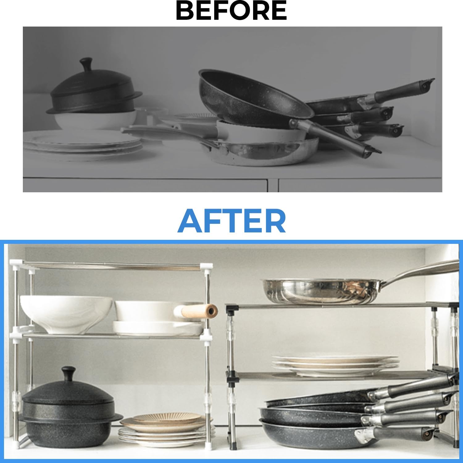 carrotez 2 Pack Expandable Cabinet Organizer, Set of 1 Width & Height-Adjustable Kitchen Cabinet Organizer Shelf, Stackable Kitchen Counter Shelf, 11.8~19.6 x 7.8 x 5.9~9" White