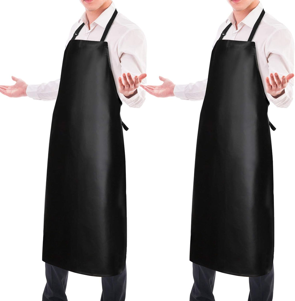 2 Pack Waterproof Rubber Vinyl Apron 40 Inch Chef Aprons for Men Heavy Duty Chemical Work Apron Extra Long Grilling Aprons with Adjustable Bib Apron for Dishwashing Lab Butcher Cooking Kitchen Black