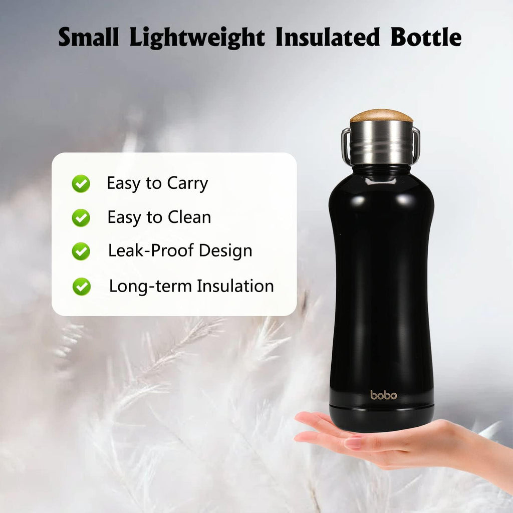 YOHKOH Mini Insulated Water Bottle With Bamboo Lid - 11.8oz Small Vacuum Insulated Water Bottle for Women Kids, 12 Hrs Hot & 24 Hrs Cold Stainless Steel Thermos Leak-Proof BPA-Free (11.8oz,Black)
