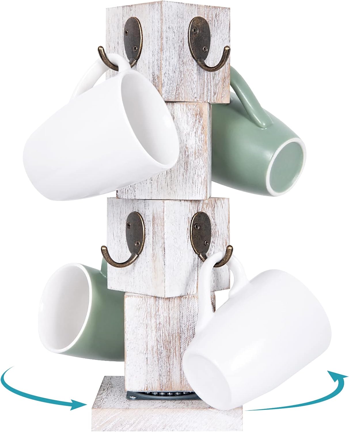 Rotated Coffee Mug Holder Tree with 360 Degree Turn, Rustic Wood Mug Tree Stand with 8 Hooks, Farmhouse Coffee Cup Holder for Counter, Mug Hanger for Kitchen Organizer, Farmhouse White