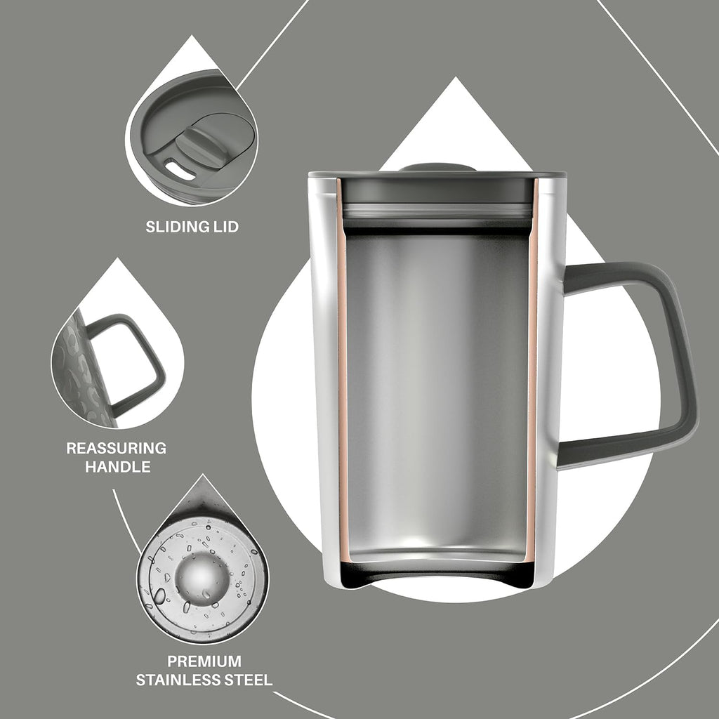 Ideus Vacuum Insulated Coffee Mug, 16oz Reusable Stainless Steel Thermal Double Walled cup with Handle and Slider Lid for Hot & Cold Beverages, BPA Free (Leapord Gray)
