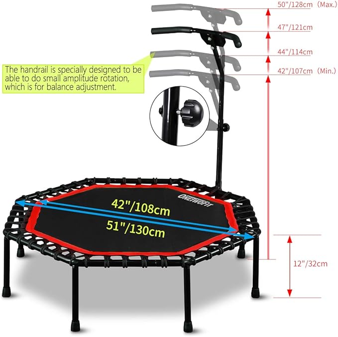 ONETWOFIT 51" Silent Trampoline with Adjustable Handle Bar, Fitness Trampoline Bungee Rebounder Jumping Cardio Trainer Workout for Adults…