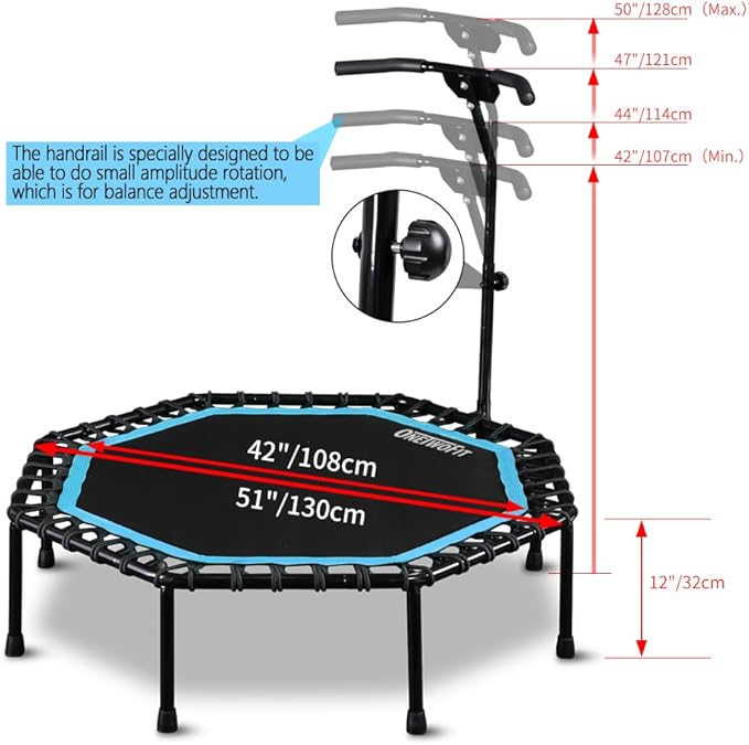 ONETWOFIT 51" Silent Trampoline with Adjustable Handle Bar, Fitness Trampoline Bungee Rebounder Jumping Cardio Trainer Workout for Adults…