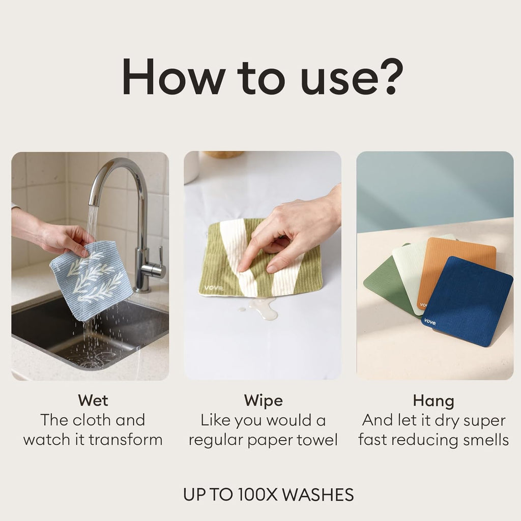 Vove Swedish Dishcloths 5-Pack, Coastal Calm - FSC Certified Cellulose & Cotton, Oeko-TEX Standard 100, Reusable Washable Kitchen Cleaning Cloths, Eco Friendly