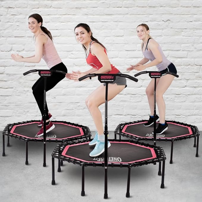 ONETWOFIT 51" Silent Trampoline with Adjustable Handle Bar, Fitness Trampoline Bungee Rebounder Jumping Cardio Trainer Workout for Adults…