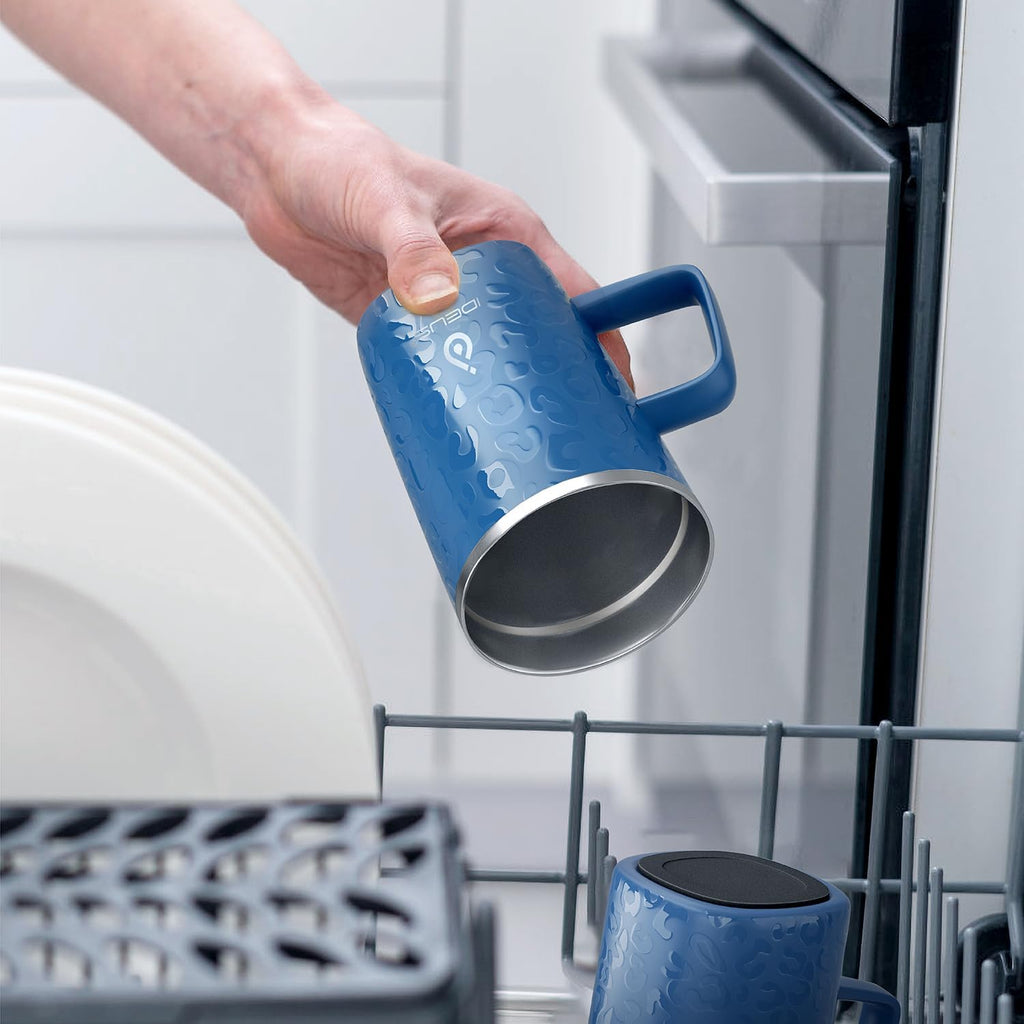 Ideus Vacuum Insulated Coffee Mug, 16oz Reusable Stainless Steel Thermal Double Walled cup with Handle and Slider Lid for Hot & Cold Beverages, BPA Free (Leapord Blue)