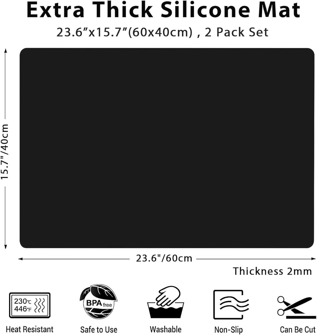 2MM Extra Thick Silicone Mats for Kitchen Counter, 23.6" x15.7" Non-Slip Waterproof Large Countertop Protector, Heat Resistant Mats, 2 Pack Silicone Craft Mat, Silicone Placemat, Black