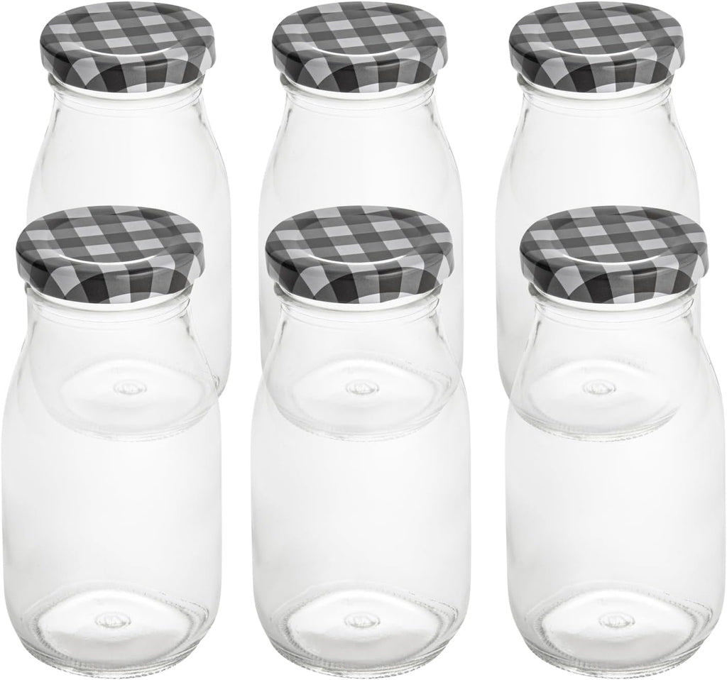 Restaurantware-French Countryside 6 Ounce Glass Bottles, 10 Durable Juice Bottles - With Black Plaid Lid, Dishwashable, Clear Glass Countryside Bottle, For Hot And Cold Beverages