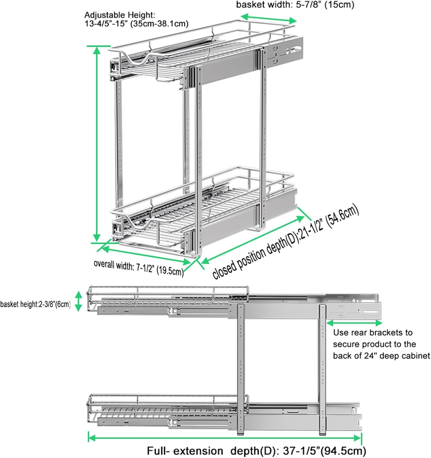 DINDON Pull Out Cabinet Organizer (7-1/2" W x 21-1/2"D), Cabinet Pull Out Shelves, 2 Tier Pull Out Drawers for Kitchen Cabinets, Wire Basket Slide Out Shelf for Cabinet Organization