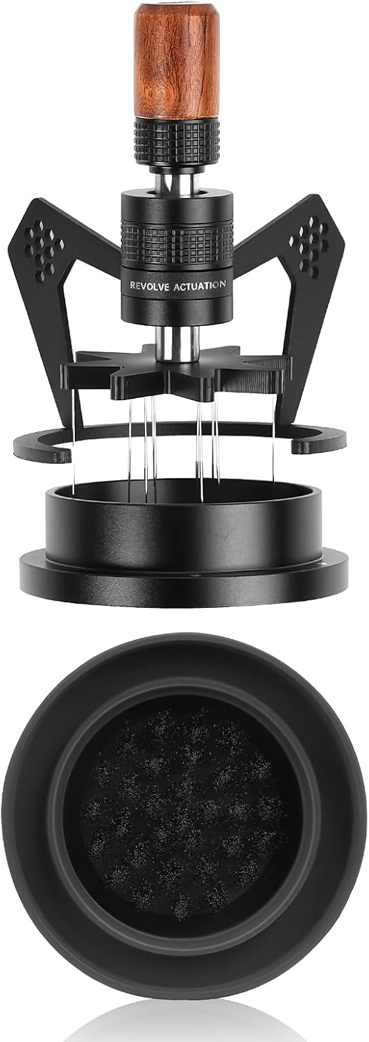 IKAPE Mantis WDT Distribution Tool with Clean Brush, V3-54mm Espresso Stirrer for Barista - 8 Needle Espresso Stirrer with Dosing Funnel & Stand, Adjustable Needle Height, Walnut Handle