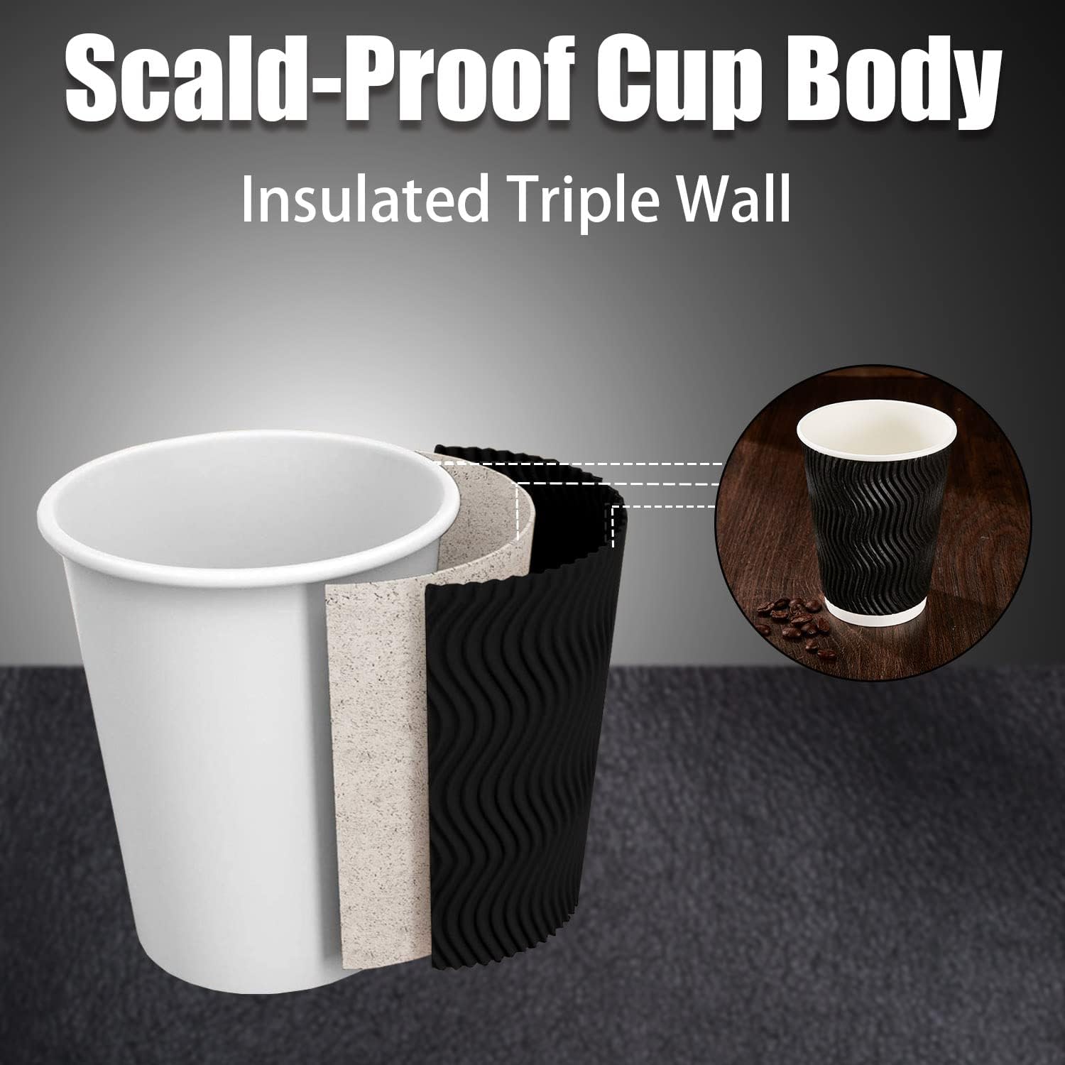 Lamosi 12 oz Disposable Coffee Cups - 120 Pack, Insulated Corrugated Paper Cups 12 oz, Kraft Ripple Wall Cups for Hot Beverage or Cold Drinks Office/Home/Party/Travel/Cafe (Black)