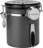 HAIOOU Airtight Coffee Canister, 16OZ Small Stainless Steel Coffee Bean Storage Container with Date Tracker, Measuring Scoop, CO2 Releasing Valves and Mini Tongs for Beans, Grounds and more - Gray
