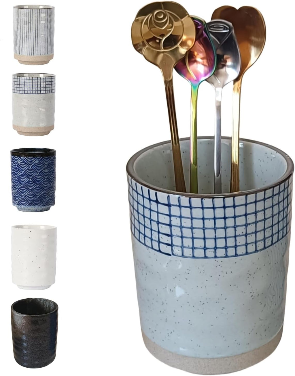 Stoneware Coffee Bar Utensil Holder Tea & Coffee Spoon & Stirrer Holder for Stir Stick Straw Teaspoon Holder Spoon Cup Small Utensil Jar (Blue Chequer)