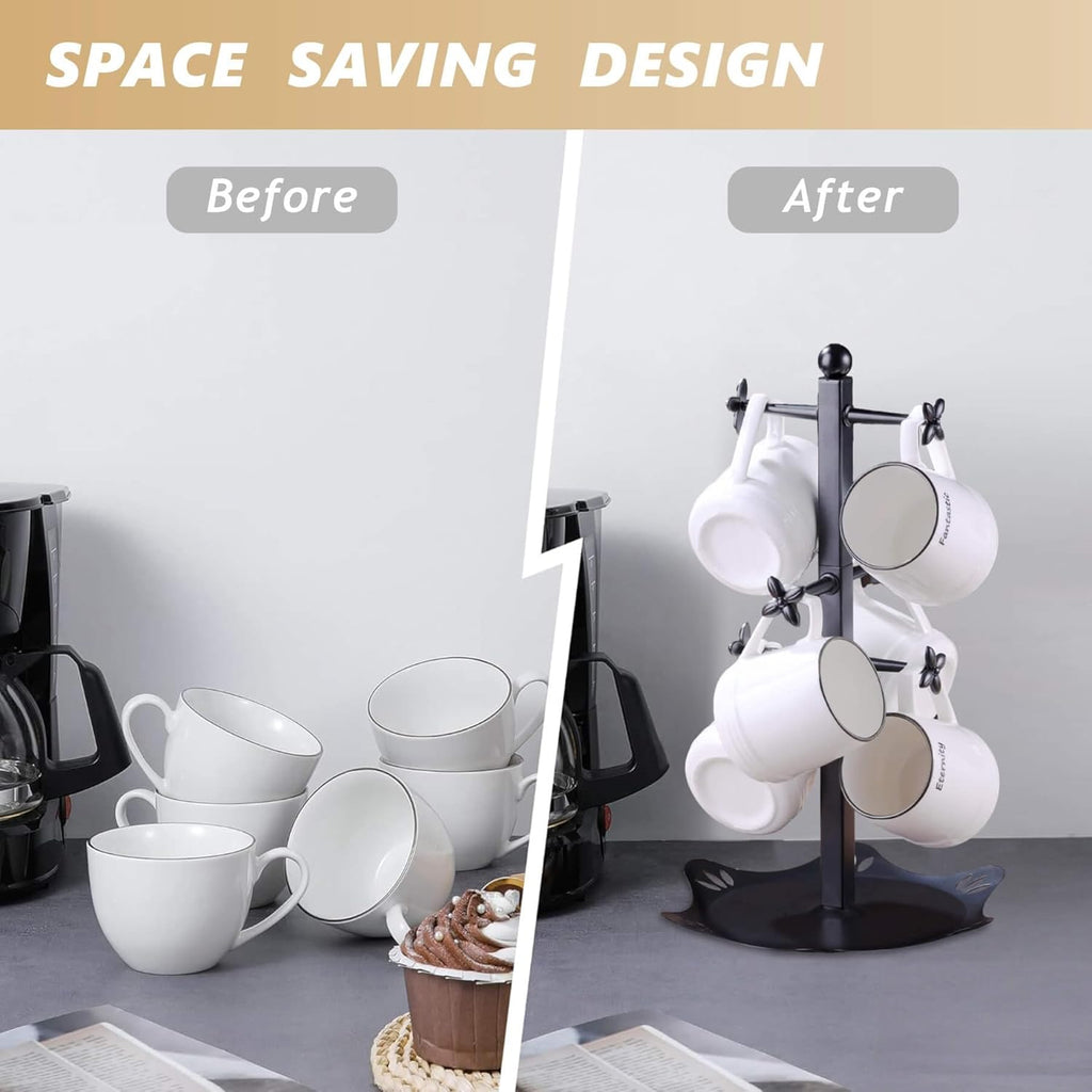 Coffee Mug Holder for Countertop, Cup Holder with 6 Hooks, Mug Stand for Counter, Coffee Bar Accessory, Mug Tree Station Organizer, Black