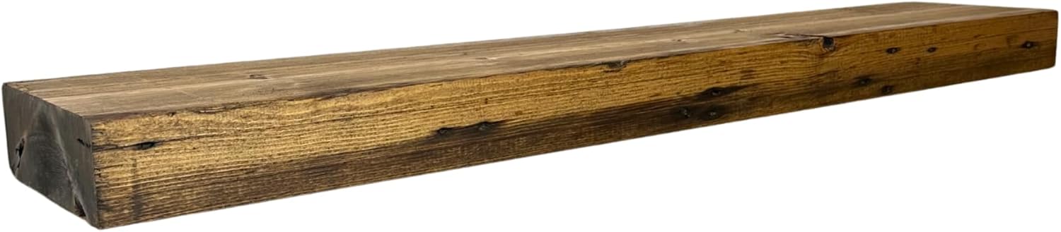 Modern Timber Craft Reclaimed Wood Fireplace Mantel Shelf | Solid Rustic American Barnwood with Steel Floating Shelf Brackets | 2.75" Thickness | 78" L x 5" D, Early American, Planed and Sanded