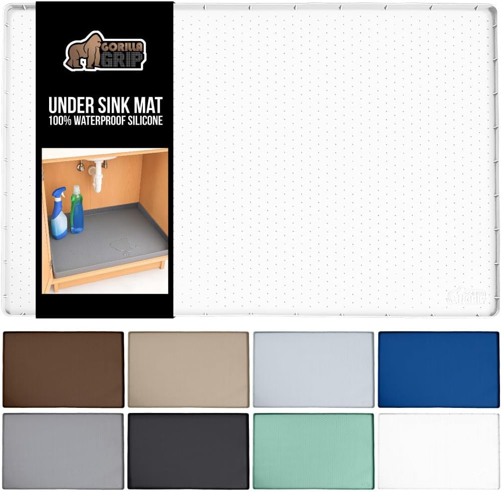 GORILLA GRIP Waterproof Silicone Under Sink Mat with Raised Lip for Kitchen and Bathroom, Cabinet Shelf Liner Stay in Place Mats Dishwasher Safe Drawer Liner, Organizer Tray, 15 x 22 in, White