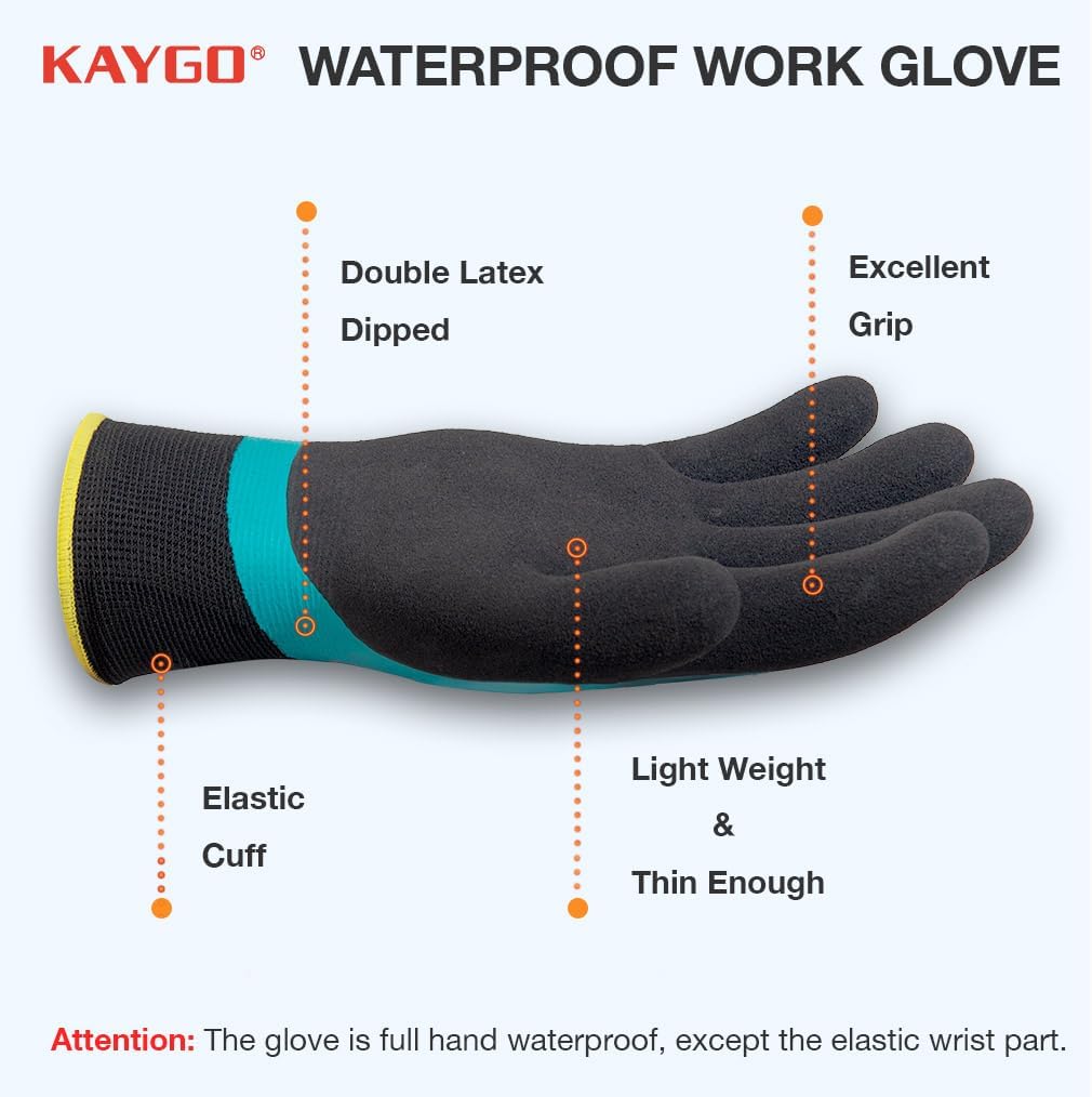 KAYGO Waterproof Work Gloves for Men and Women, Rubber Coated Non-slip Working Gloves for Garden, Outdoor Construction,KG150,Blue,M