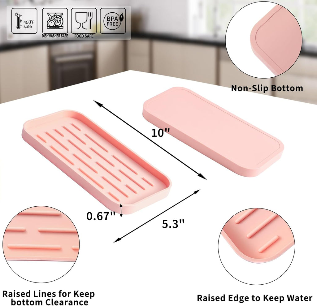 Silicone Kitchen Sink Organizer Tray for Multiple Usage,Easy Clean,Eco-Friendly Sponges Holder for Kitchen Bathroom Counter or Sink,Dish Soap Dispenser,Scrubber,Bottle,Cup Pink 10”x 5.3”