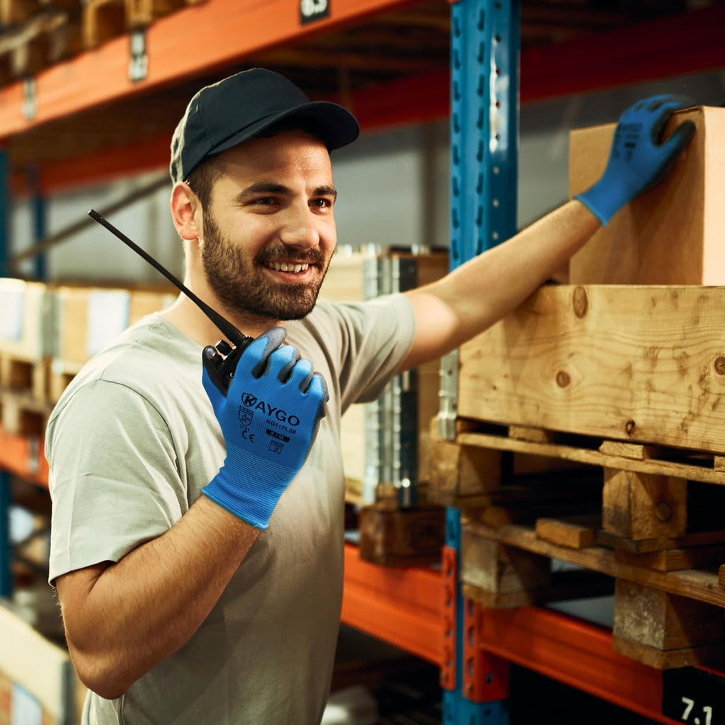 KAYGO Safety Work Gloves PU Coated-60 Pairs Seamless Knit Glove with Polyurethane Coated Smooth Grip on Palm & Fingers, for Men and Women, Ideal for General Duty Work, KG11P (L,Blue)