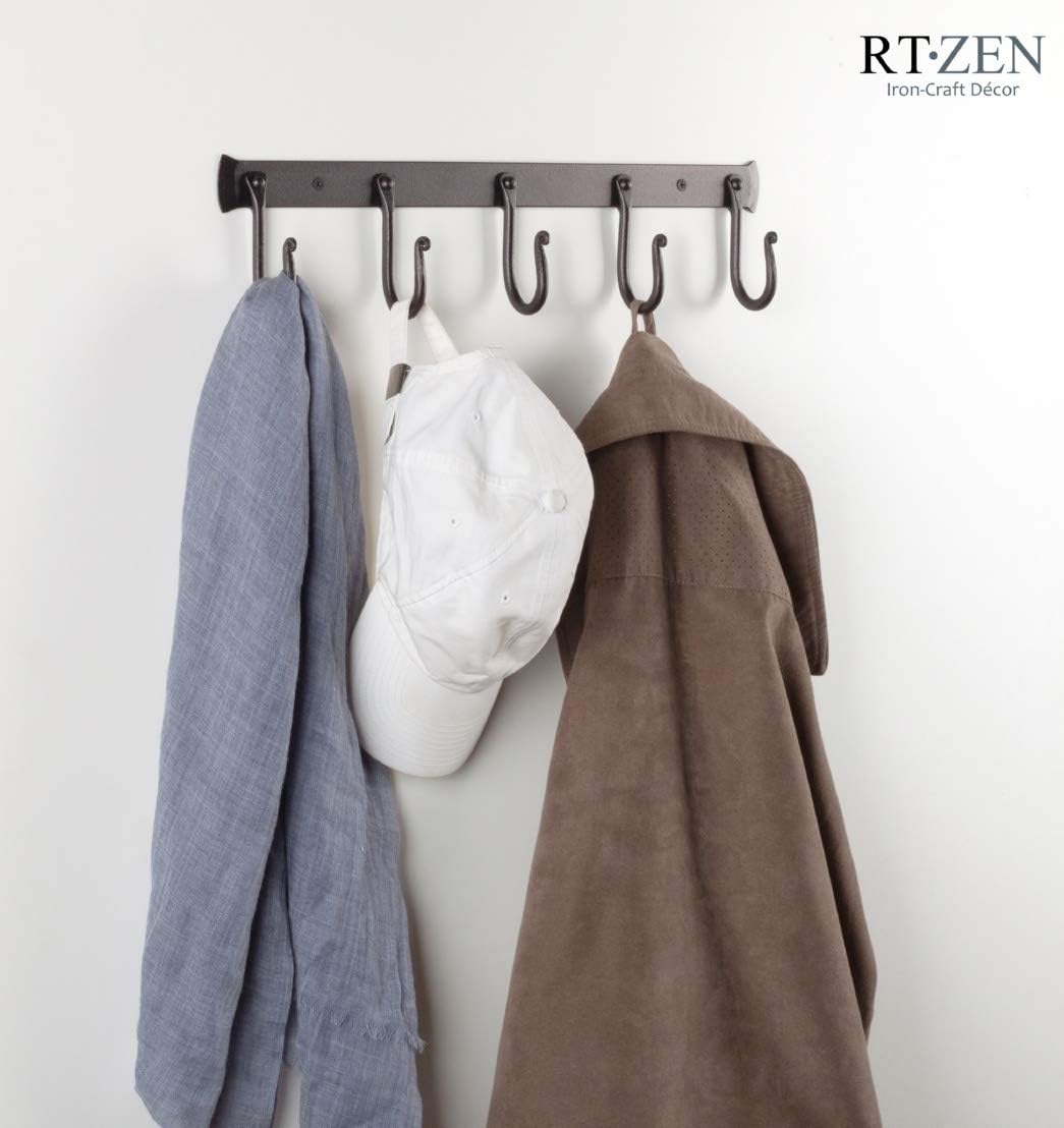 RTZEN Wall Mount Hook Set - Wrought Iron Decorative Rustic Metal Coat Hooks for Hanging - Handcrafted Classic Farmhouse Wall Mounted Black Hooks for Towel Robe or Hat Hanging - 5 Hook Rack