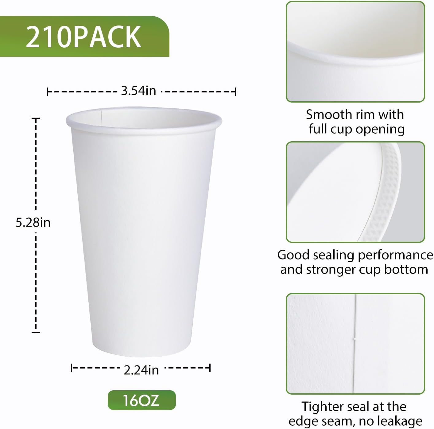 LITOPAK 210 Pack 16 oz Disposable Paper Coffee Cup, Hot/Cold Beverage Drinking Cups for Water, Paper Coffee Cups, White Hot Coffee Cups, Suitable for Party, Picnic, Travel, and Events