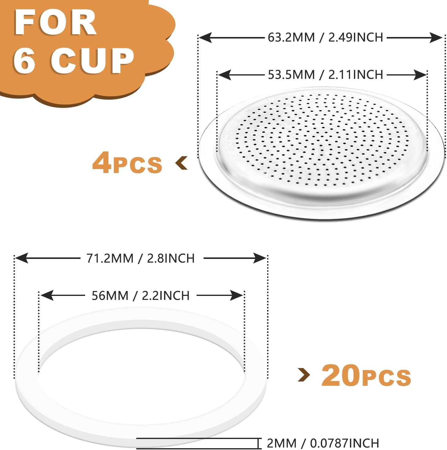 20PCS Silicone Gaskets Seal Ring with 4 PCS Stainless Steel Filter Basket Includes，Spare Food Grade Silicone Sealing Rings for Aluminium Stovetop Coffee Maker Pots -6Cup