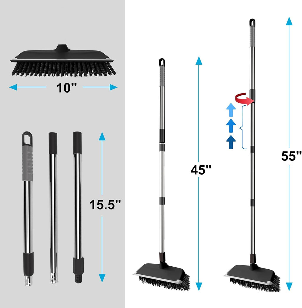 ITTAR Scrub Brush with Long Handle, 10" Wide Stiff Bristles Deck Brush, Heavy-Duty Floor Cleaning Brush, 2-in-1 Scrubber Squeegee Broom for Cleaning Patio, Pool, Kitchen, Garage, Bathroom Floor-Black