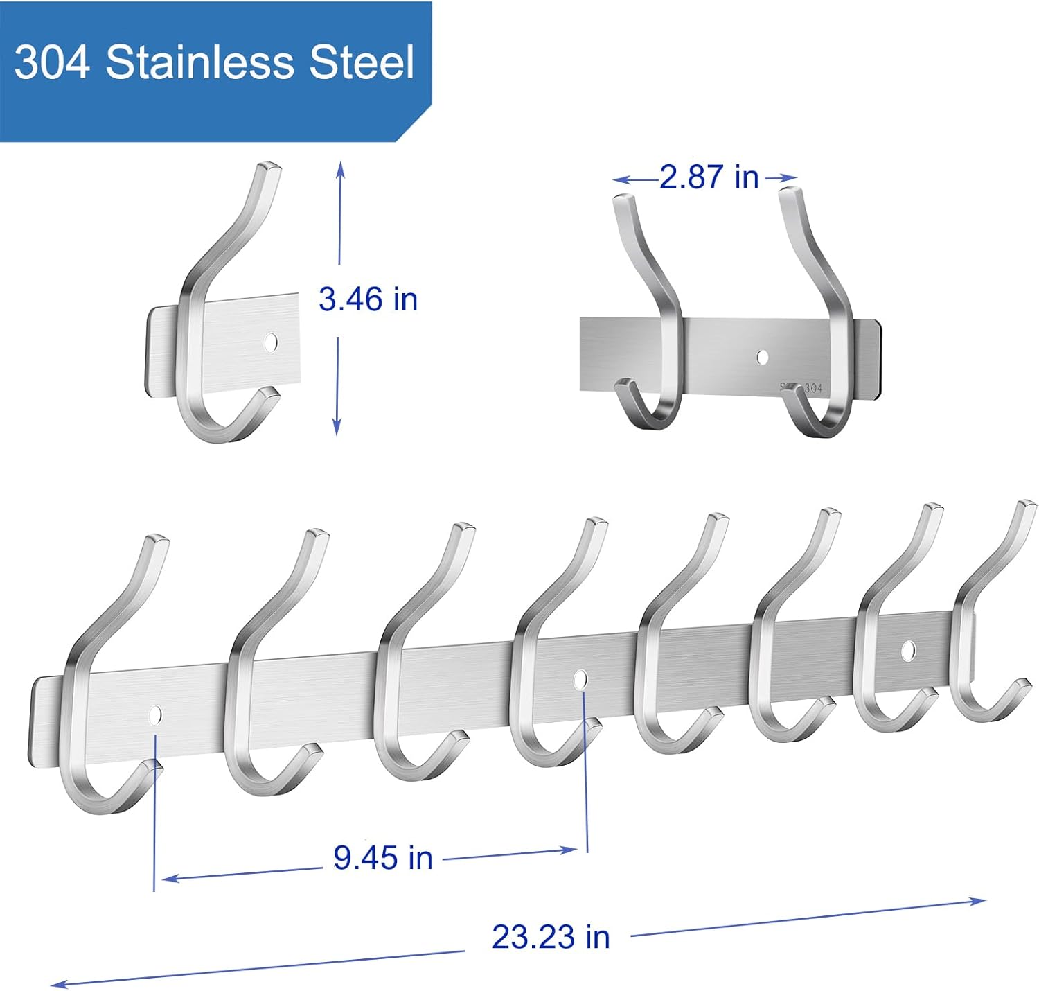 Wall Hooks Heavy Duty, 23 Inch Coat Rack Wall Mount with 8 Hooks, Silver Wall Hooks Hangers for Entryway, Bathroom - for Hanging Backpack, Bag, Coat, Purse, Hat, Towel, Clothes,2 Packs