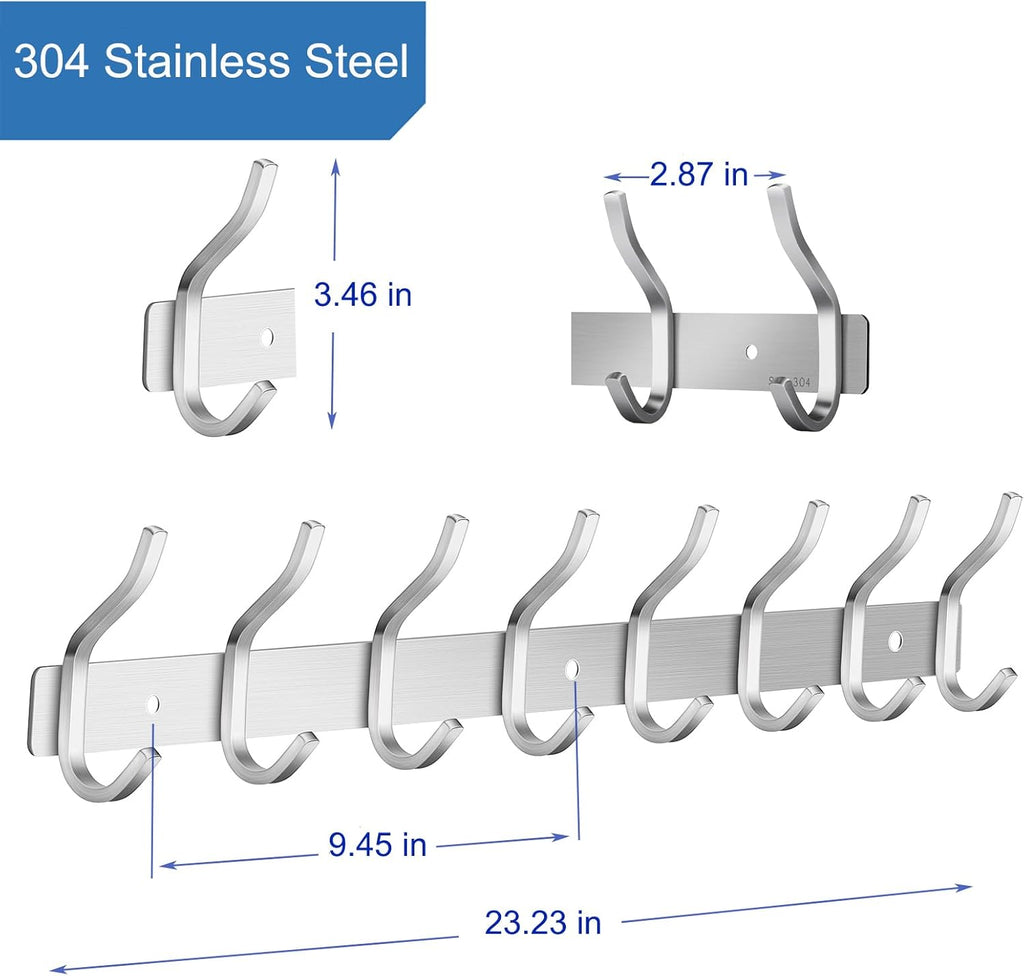 Wall Hooks Heavy Duty, 23 Inch Coat Rack Wall Mount with 8 Hooks, Silver Wall Hooks for Hanging Backpack, Bag, Purse, Clothes, Hat, Coat, Towel | Entryway & Bathroom Storage Organization Hanger