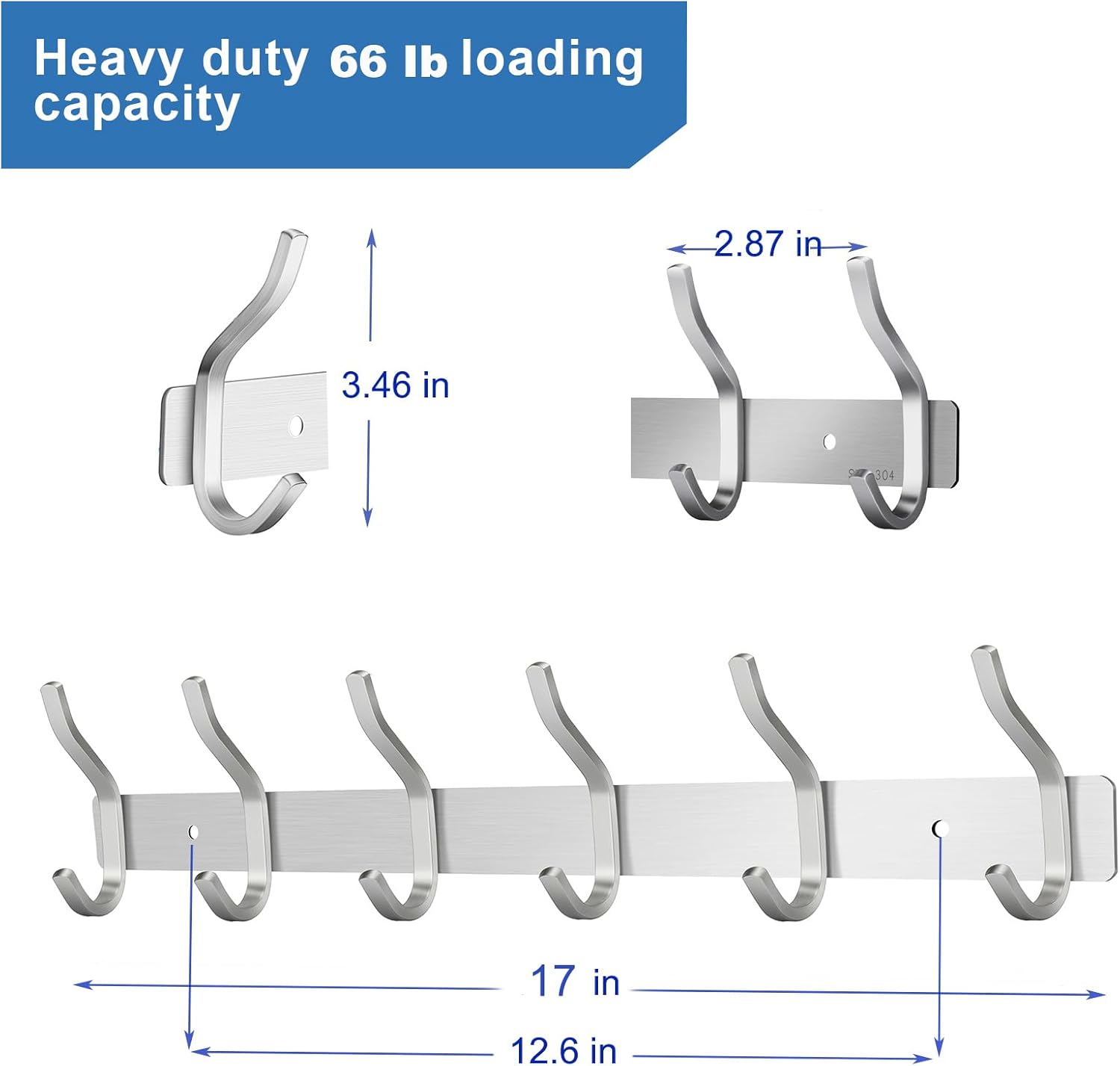 Wall Hooks Heavy Duty, 17 Inch Coat Rack Wall Mount with 6 Hooks,Silver Wall Hooks Hangers for Entryway, Bathroom - for Hanging Backpack, Bag, Coat, Purse, Hat, Towel, Clothes,2 Packs